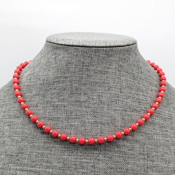 Vintage Monet Red and Gold Acrylic Beaded Necklace Signed - Picture 9 of 11